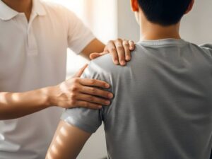 A close-up view from behind a patient wearing a grey t-shirt during a physical therapy session. A practitioner wearing a white polo shirt places one hand on the patient's upper back near the neck and the other on the side of their shoulder to examine or manipulate the joint.