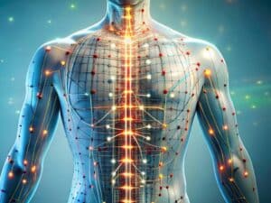 Anatomical diagram showing how medical acupuncture stimulates nerve pathways to the brain for pain relief.