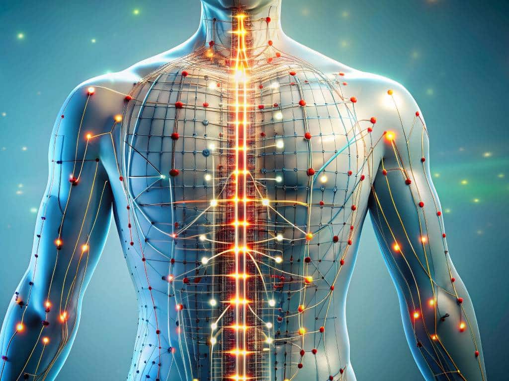 Anatomical diagram showing how medical acupuncture stimulates nerve pathways to the brain for pain relief.
