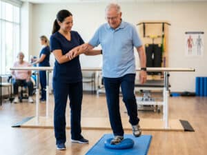 A female physiotherapist assists an elderly man practicing single-leg balance on a blue wobble disc at a clinic. She provides steady support by holding his arm as he lifts one foot, highlighting fall prevention and balance training for seniors.