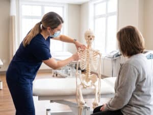 Healthcare provider using an anatomical skeleton model to demonstrate joint alignment during a combined physiotherapy and chiropractic consultation in Pickering and Ajax.