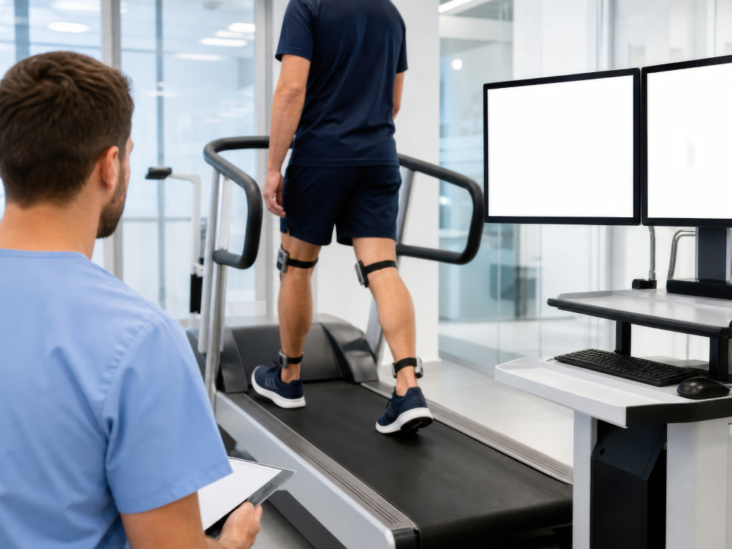 Physiotherapist conducting a gait analysis and movement assessment on a patient using treadmill sensors at Apex Physiotherapy in Pickering.